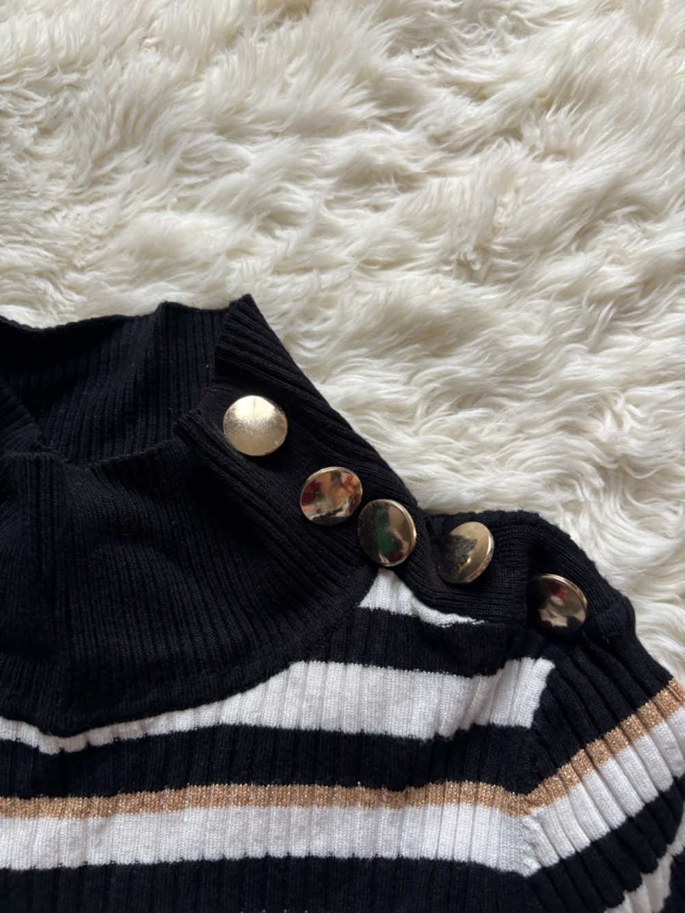 INC International Concepts Striped Ribbed Turtleneck in Black, White & Gold - Picture 2 of 9